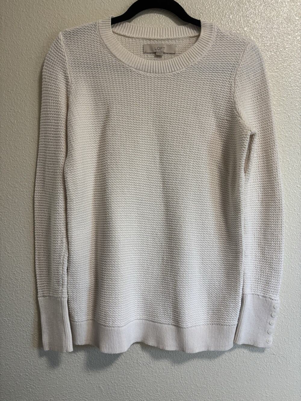 LOFT Crew Neck Sweater 100% Cotton Knit Ribbed Fisherman Cream Ivory Size M